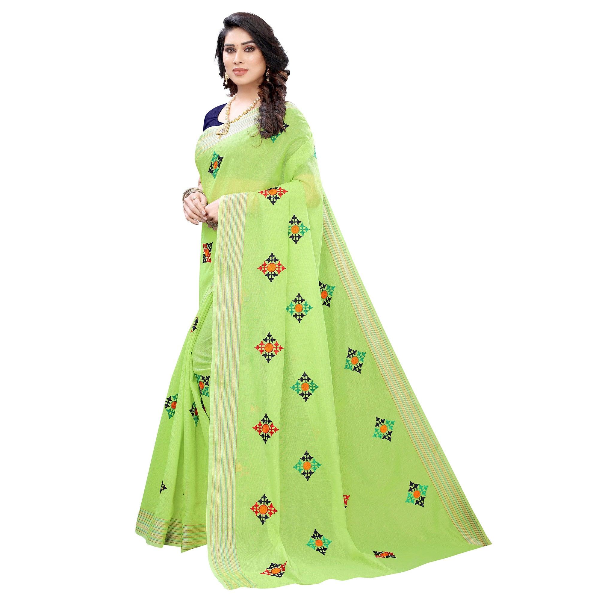 Green Casual Wear Embroidered Chanderi Silk Saree - Peachmode