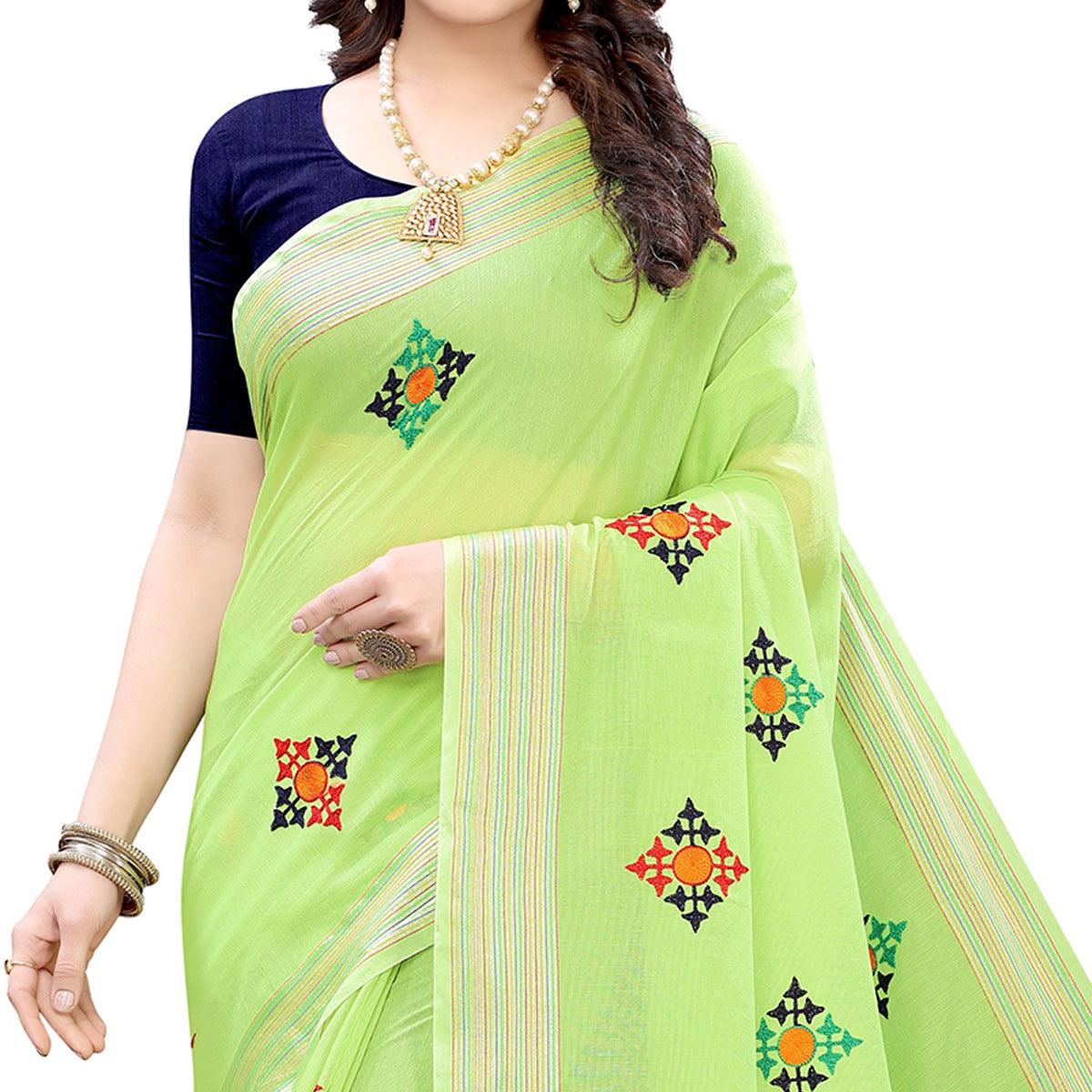 Green Casual Wear Embroidered Chanderi Silk Saree - Peachmode