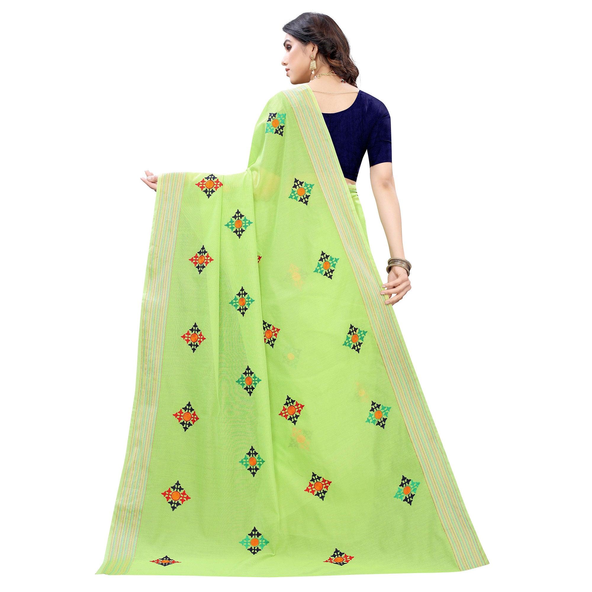 Green Casual Wear Embroidered Chanderi Silk Saree - Peachmode