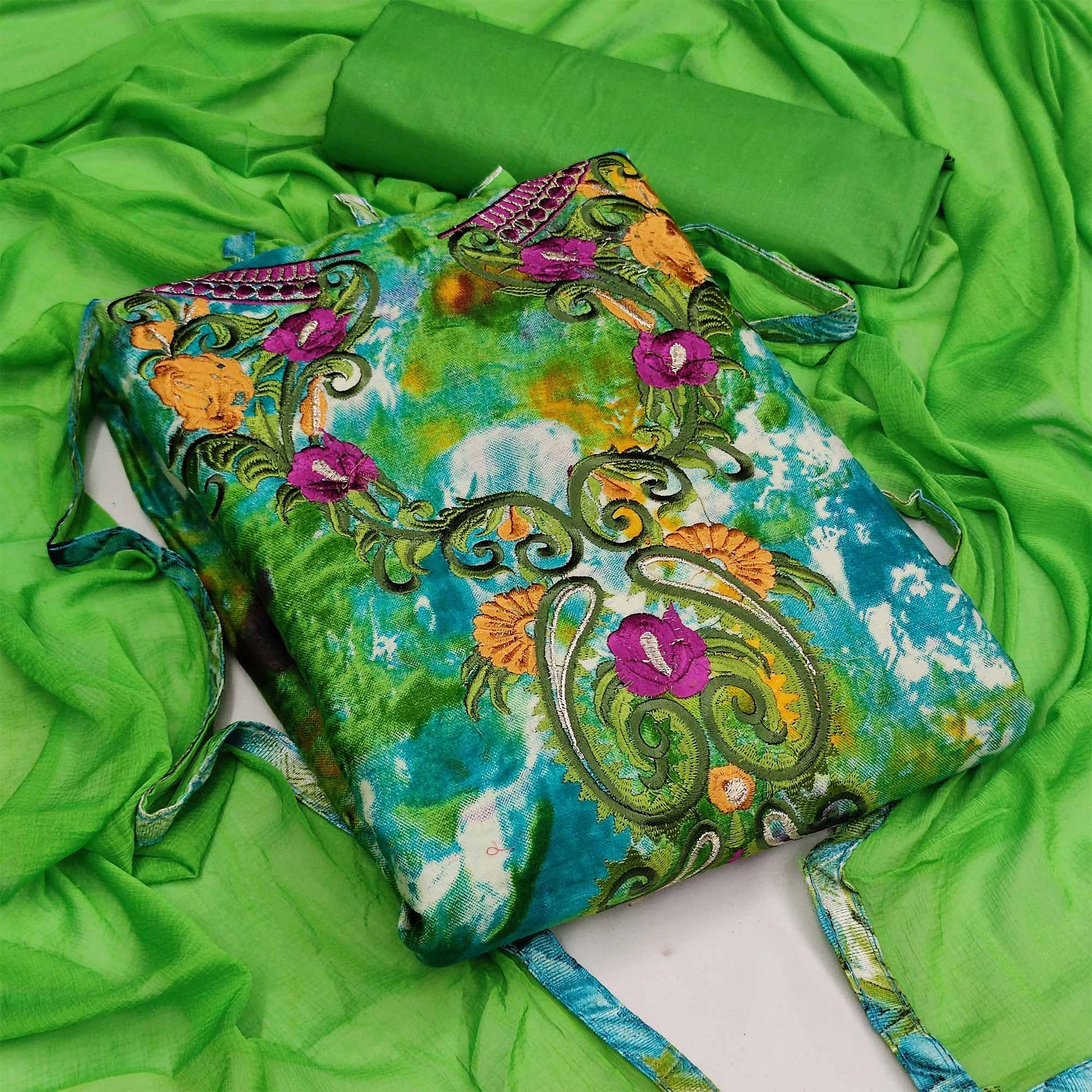 Green Casual Wear Embroidered Cotton Dress Material - Peachmode