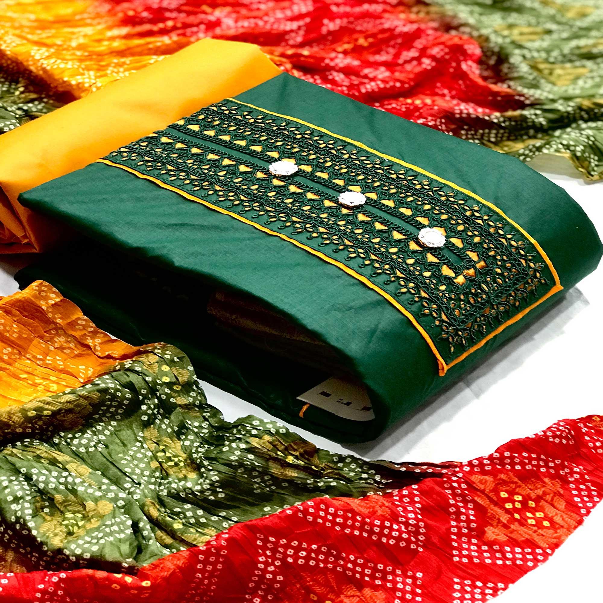 Green Casual Wear Embroidered Cotton Dress Material - Peachmode