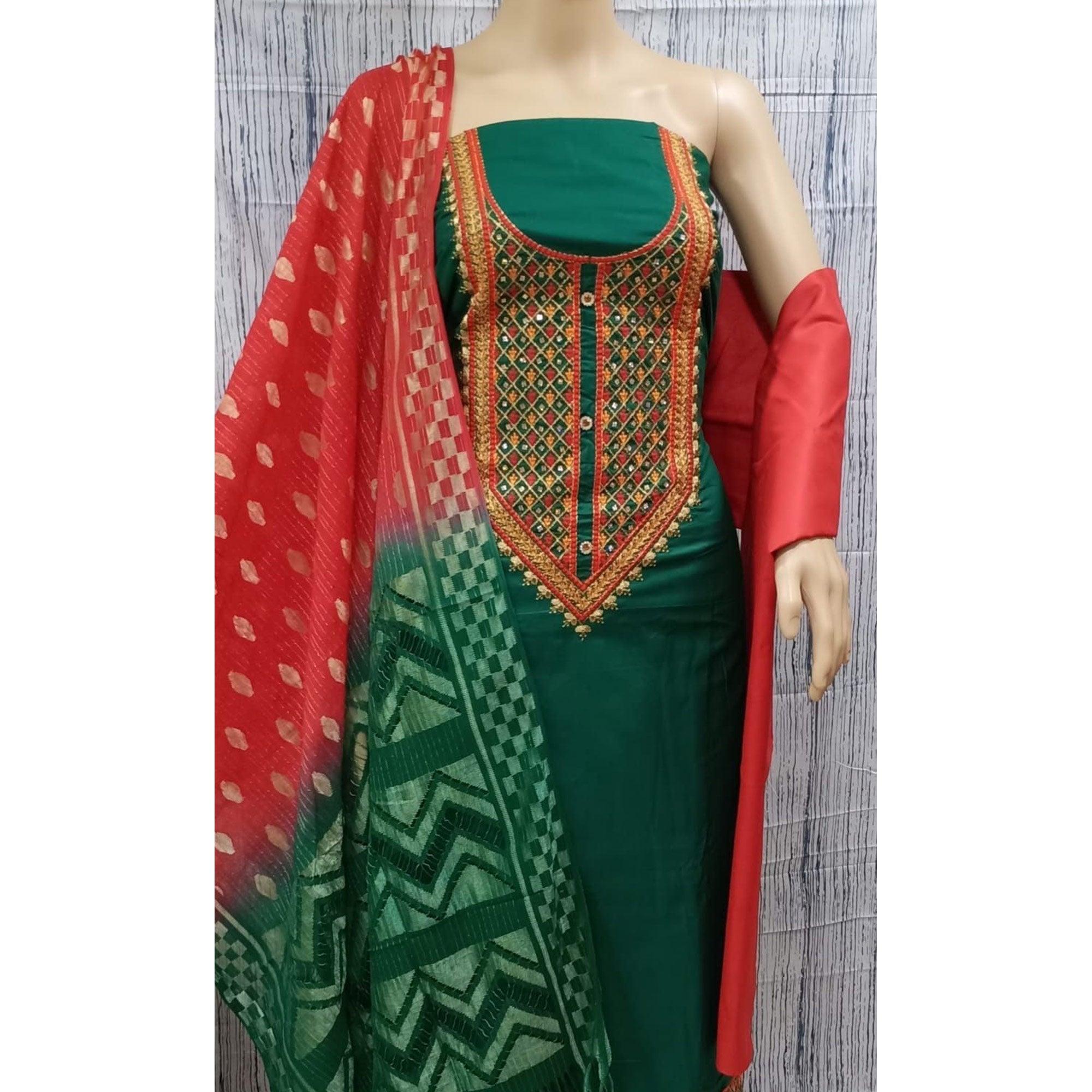 Green Casual Wear Embroidered Cotton Dress Material - Peachmode