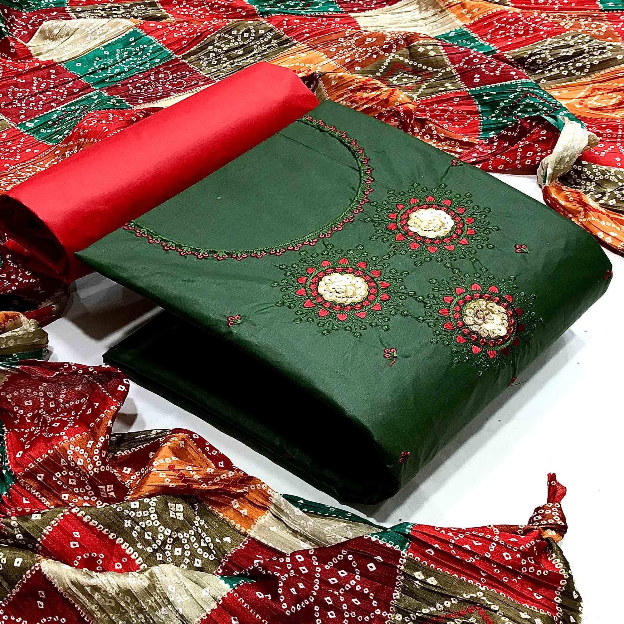 Green Casual Wear Embroidered Cotton Dress Material - Peachmode