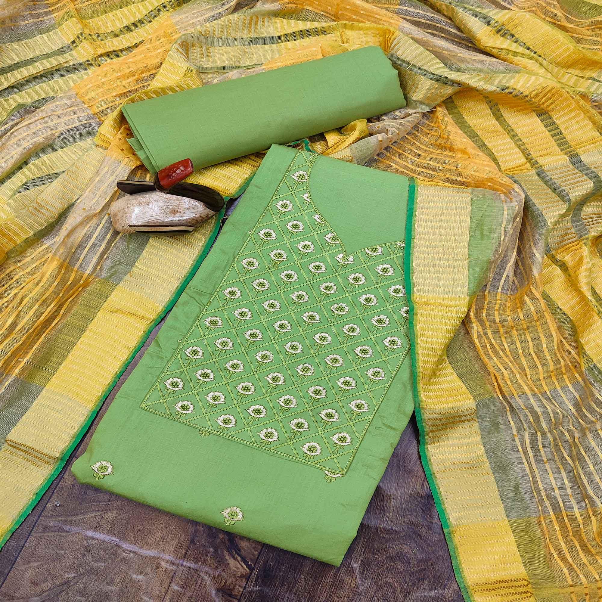 Green Casual Wear Embroidered Cotton Dress Material - Peachmode