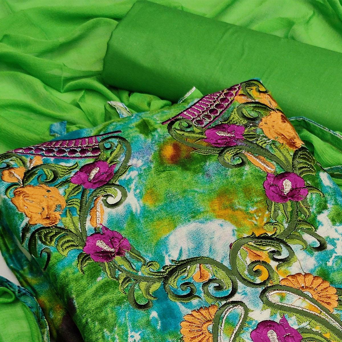 Green Casual Wear Embroidered Cotton Dress Material - Peachmode