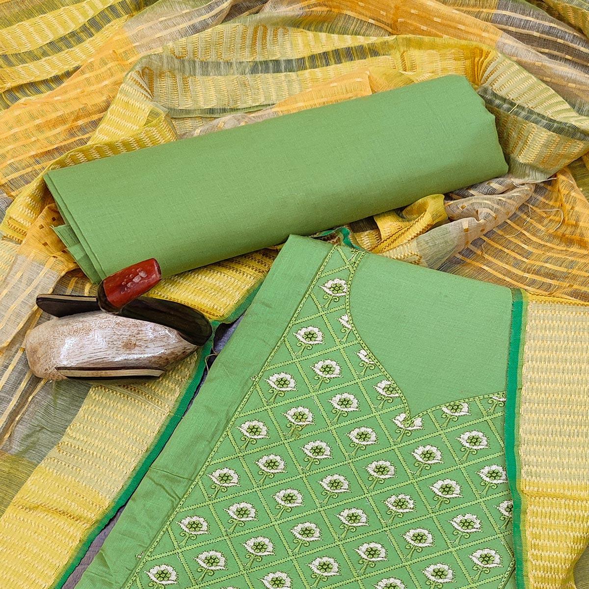 Green Casual Wear Embroidered Cotton Dress Material - Peachmode
