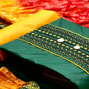 Green Casual Wear Embroidered Cotton Dress Material - Peachmode