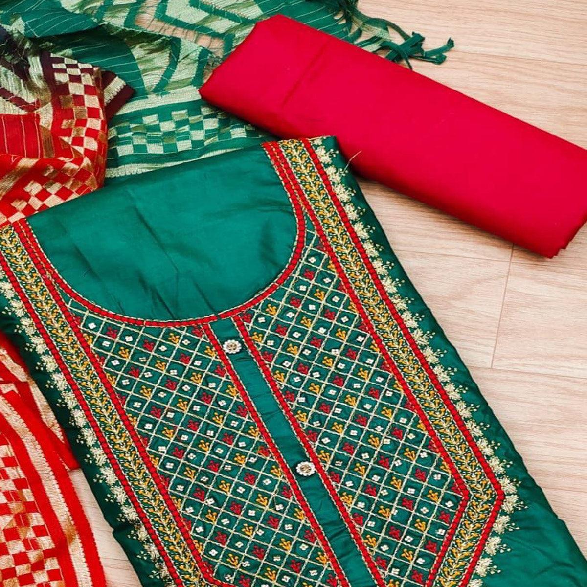 Green Casual Wear Embroidered Cotton Dress Material - Peachmode