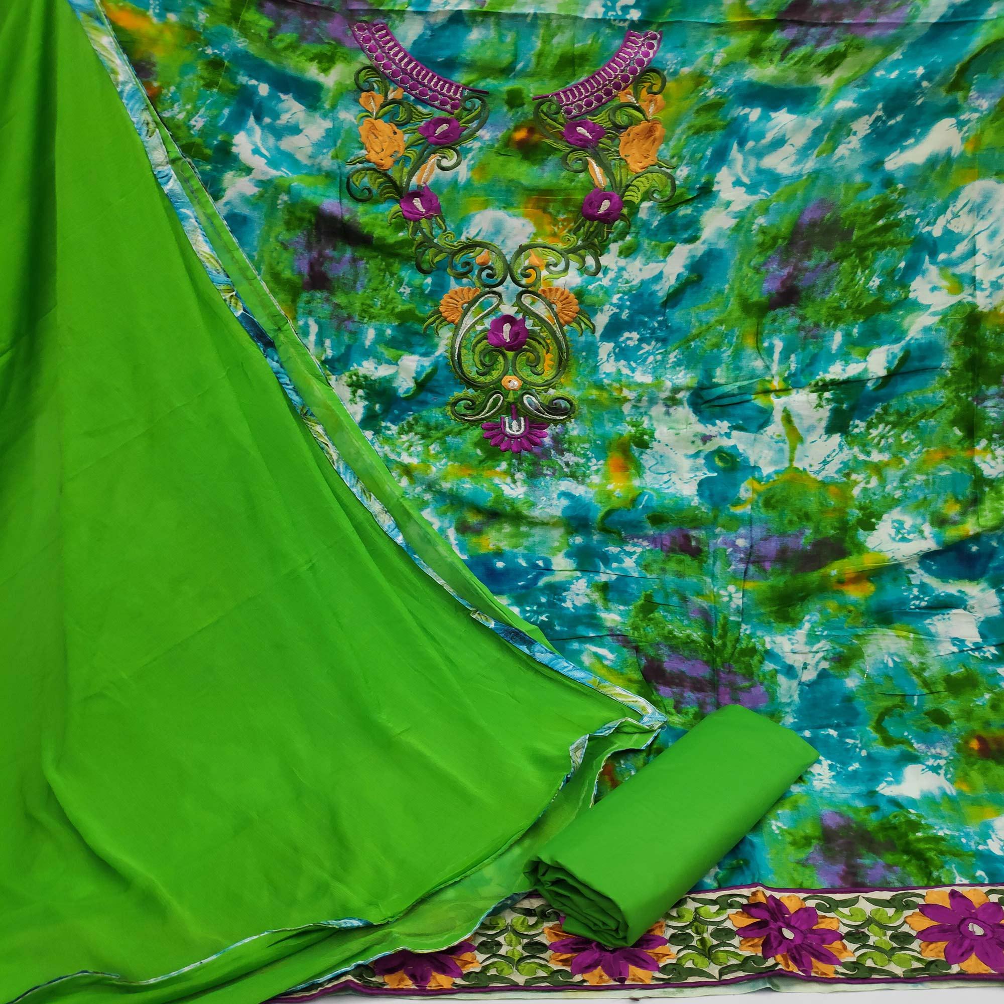 Green Casual Wear Embroidered Cotton Dress Material - Peachmode