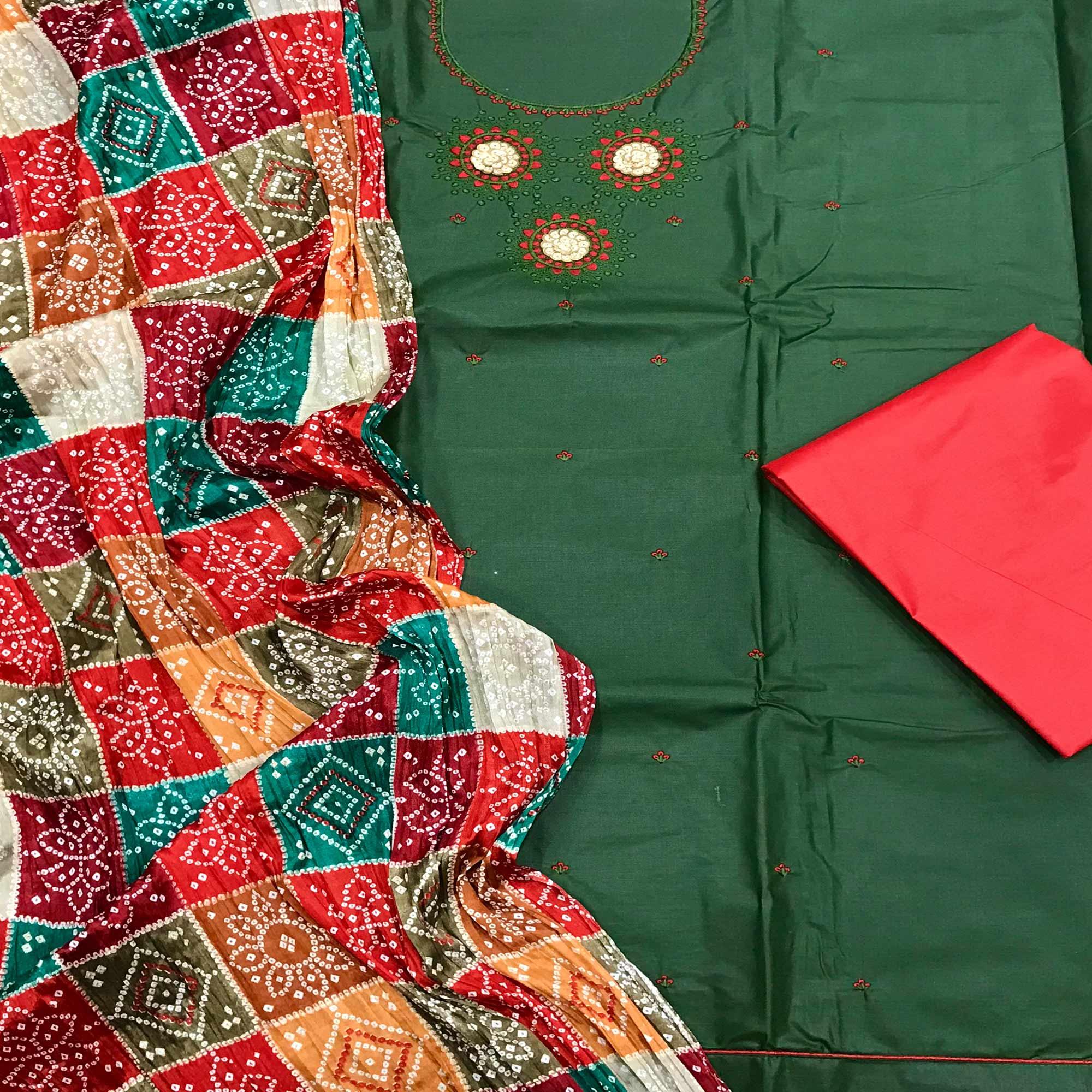 Green Casual Wear Embroidered Cotton Dress Material - Peachmode