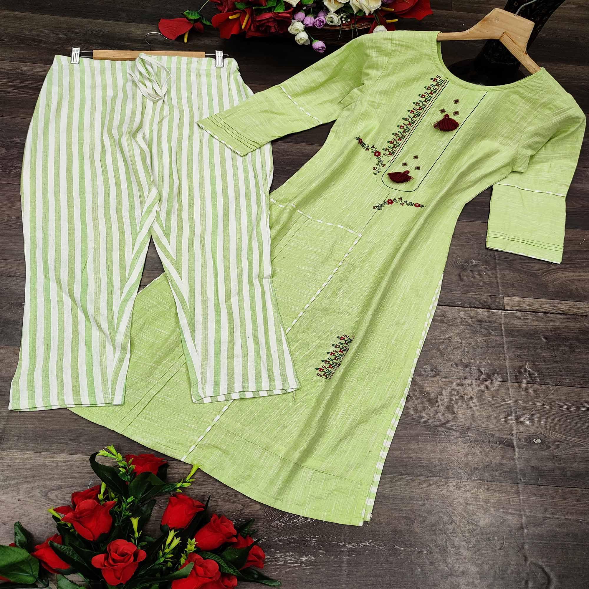 Green Casual Wear Embroidered Cotton Kurti - Pant Set - Peachmode