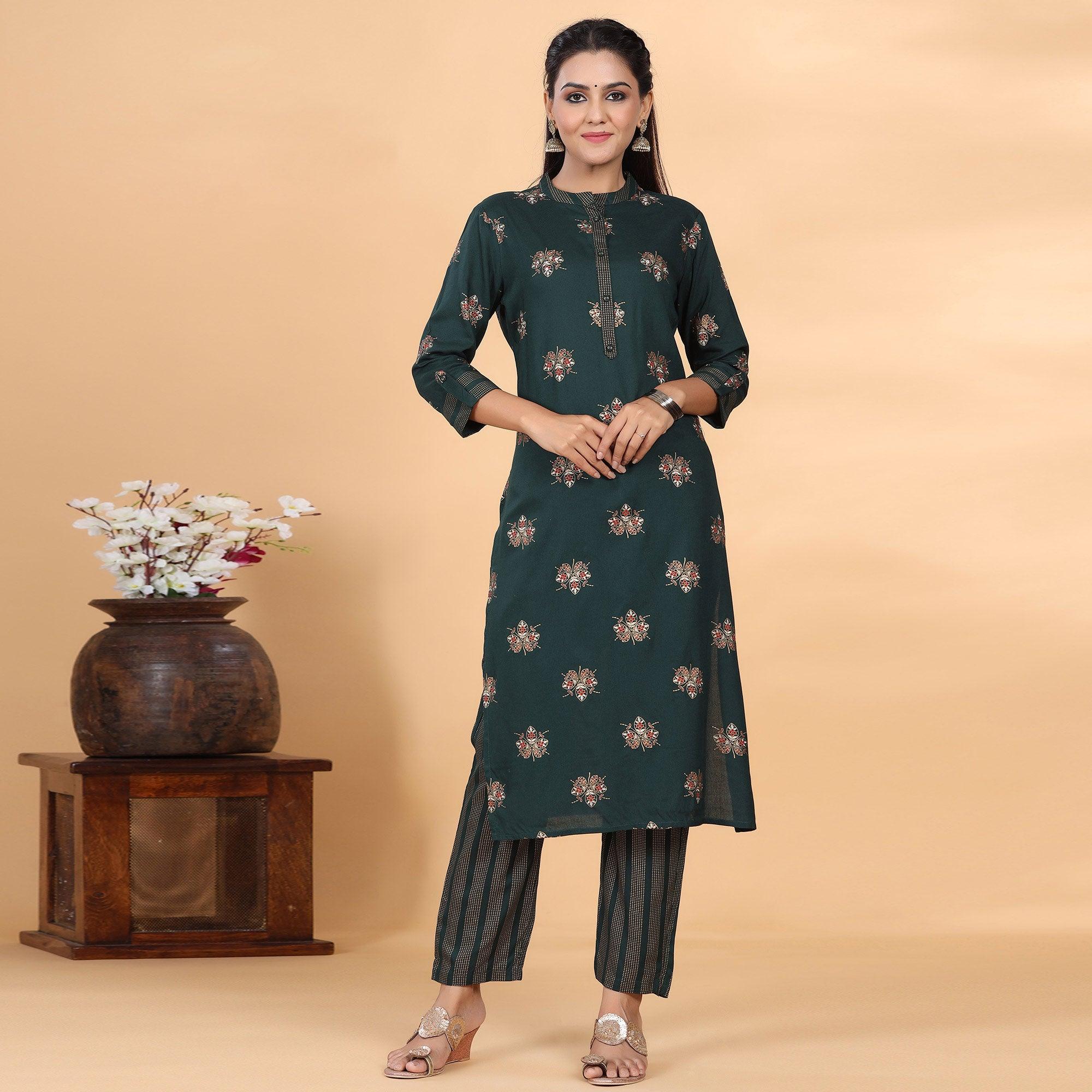 Green Casual Wear Embroidered Cotton Kurti - Peachmode