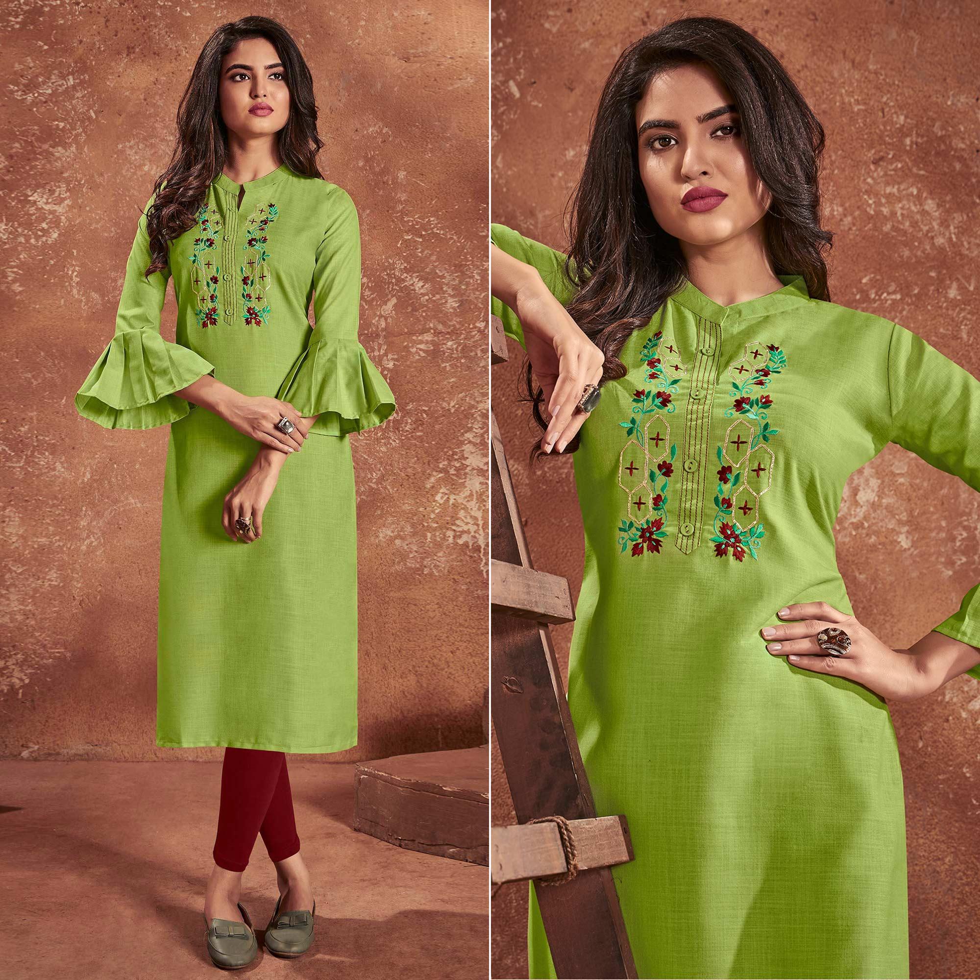 Green Casual Wear Embroidered Cotton Kurti - Peachmode