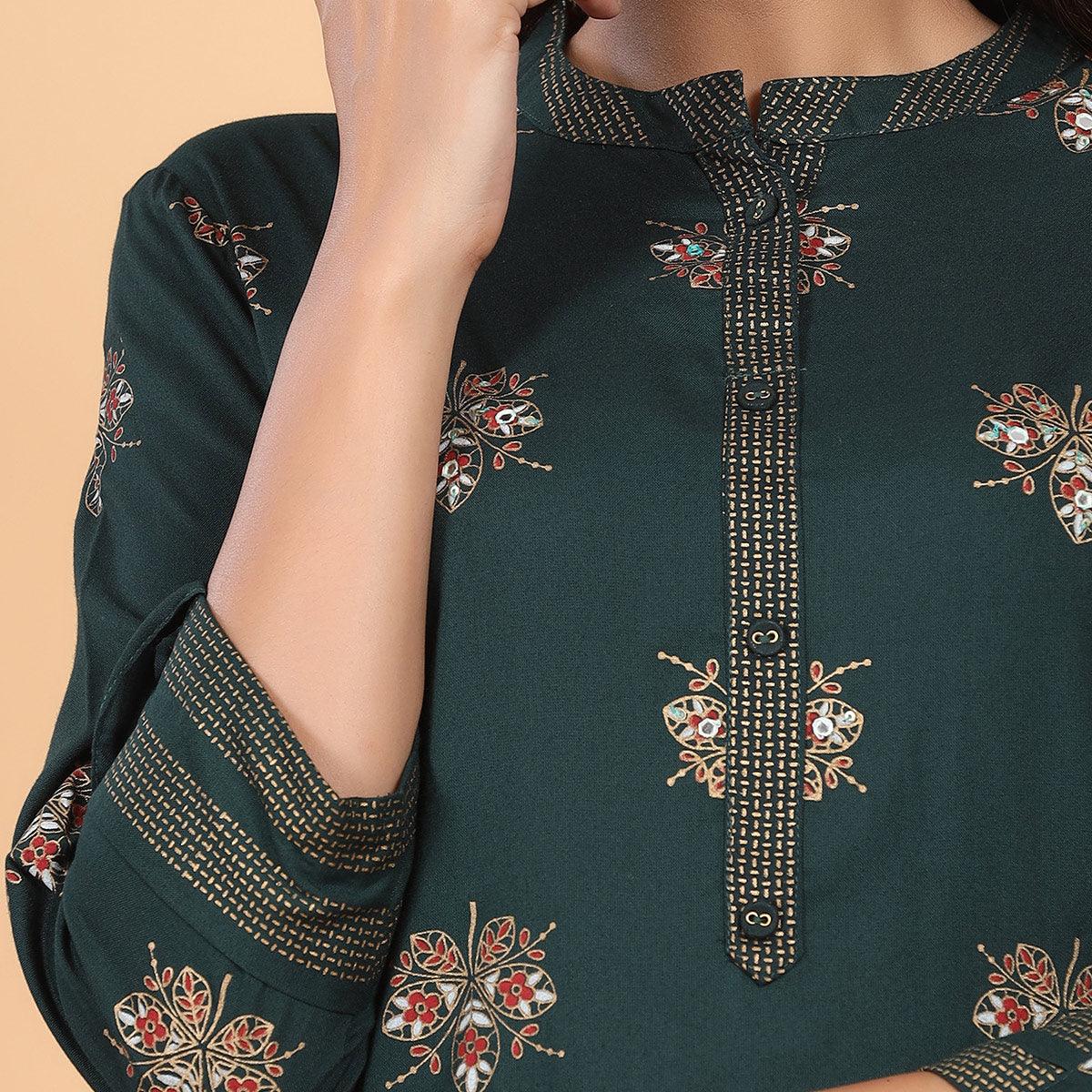 Green Casual Wear Embroidered Cotton Kurti - Peachmode