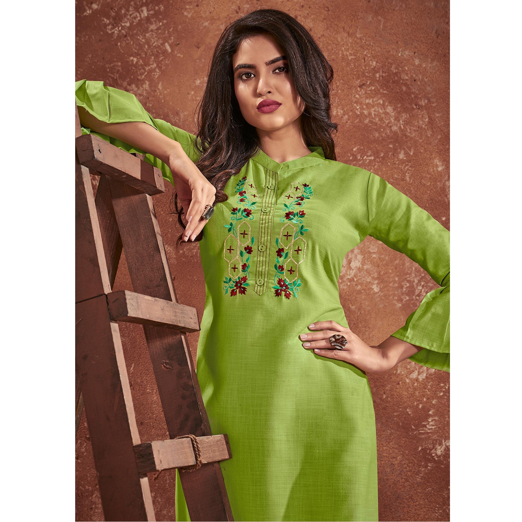 Green Casual Wear Embroidered Cotton Kurti - Peachmode
