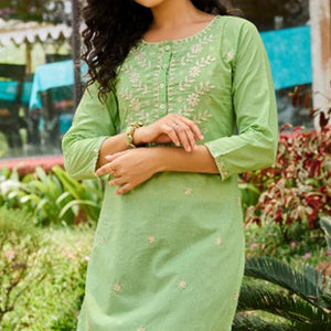 Green Casual Wear Embroidered Cotton Kurti - Peachmode