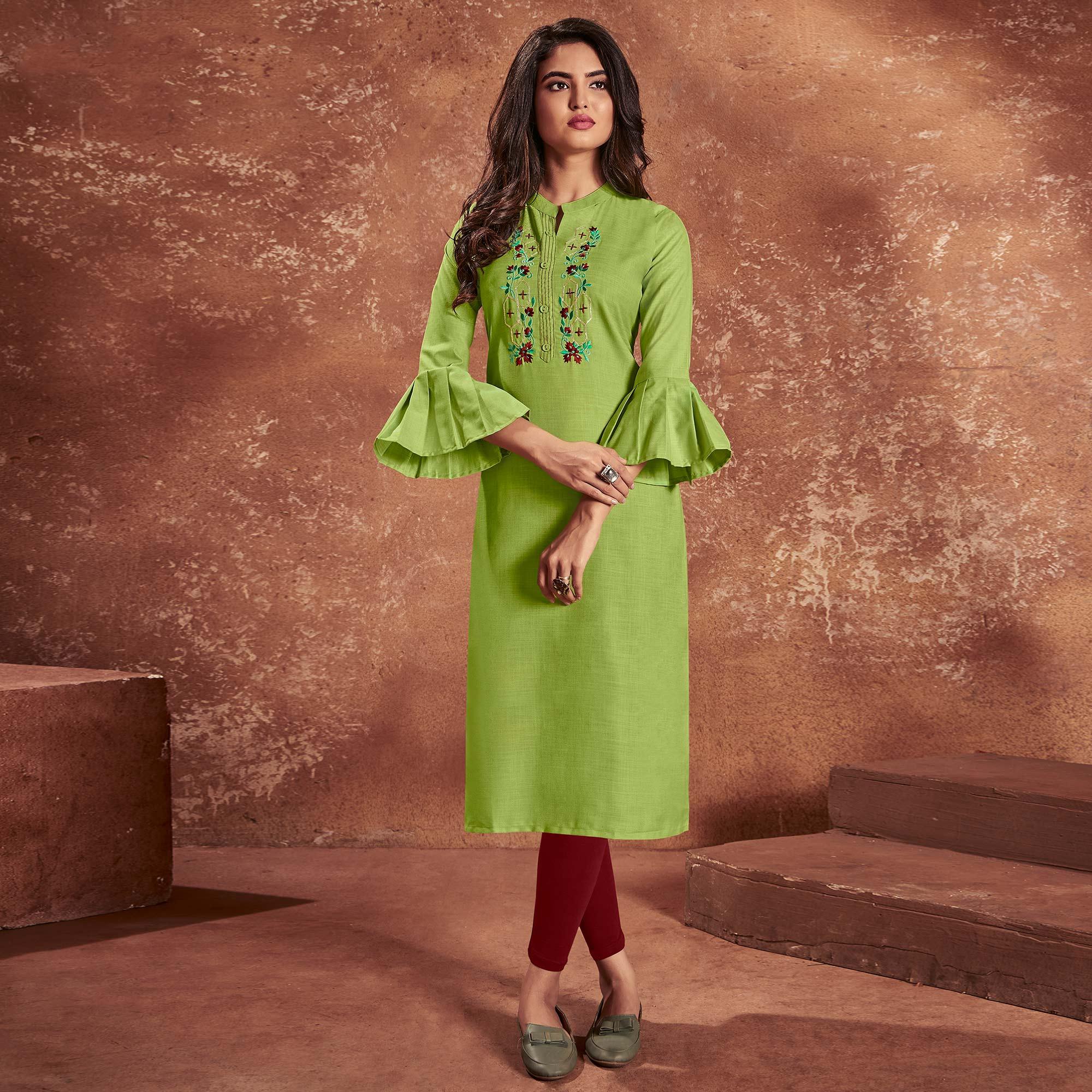 Green Casual Wear Embroidered Cotton Kurti - Peachmode