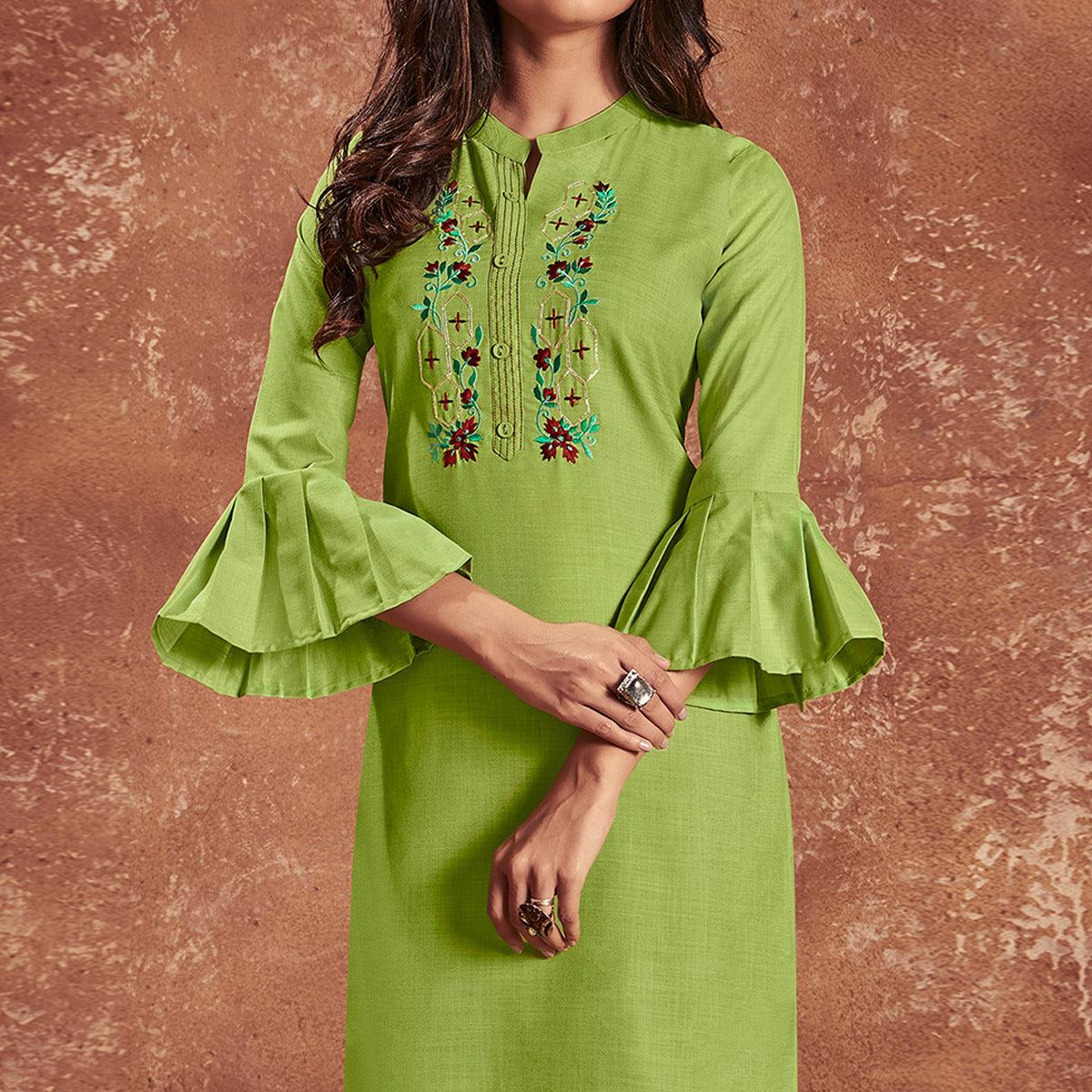 Green Casual Wear Embroidered Cotton Kurti - Peachmode