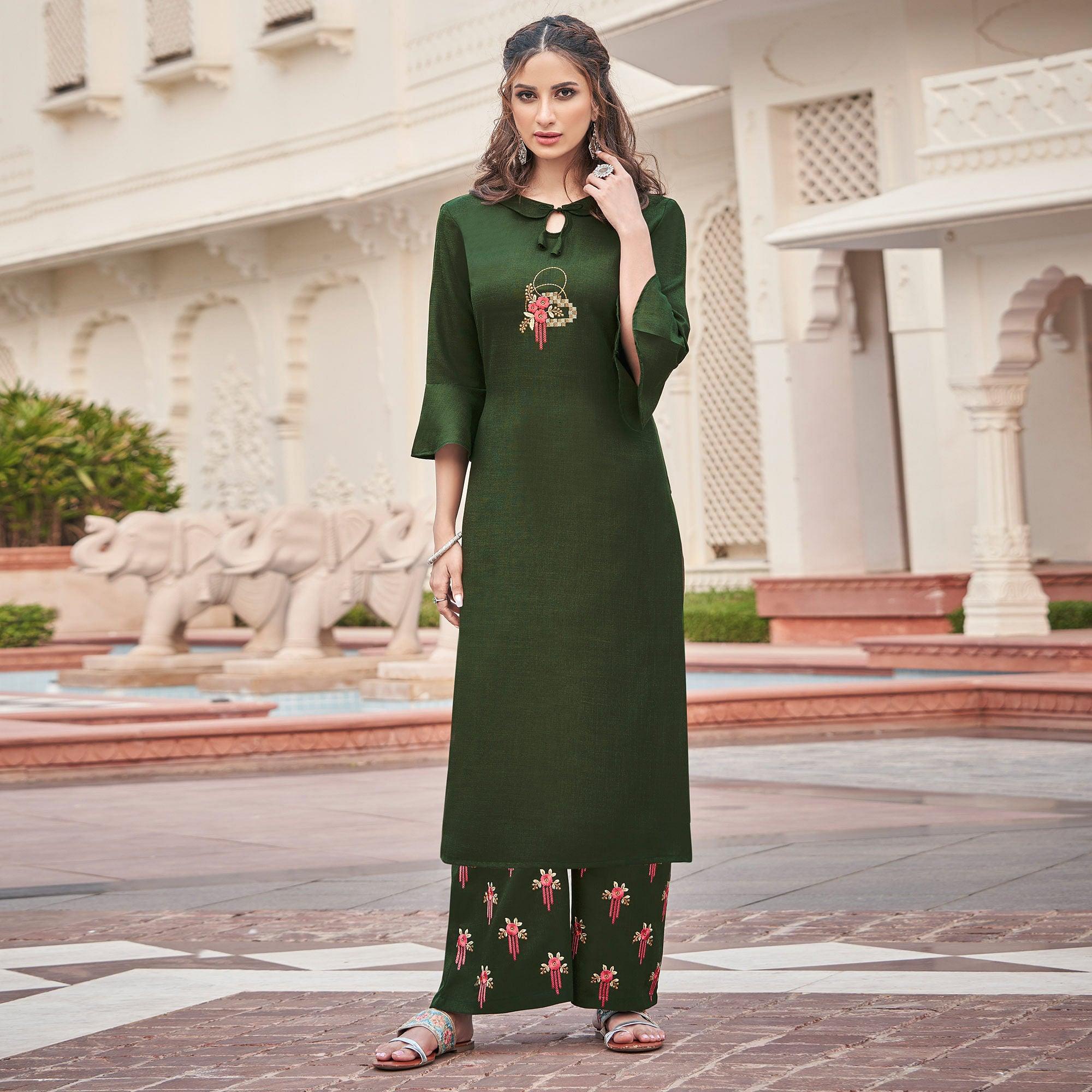 Green Casual Wear Embroidered Cotton Palazzo Suit - Peachmode