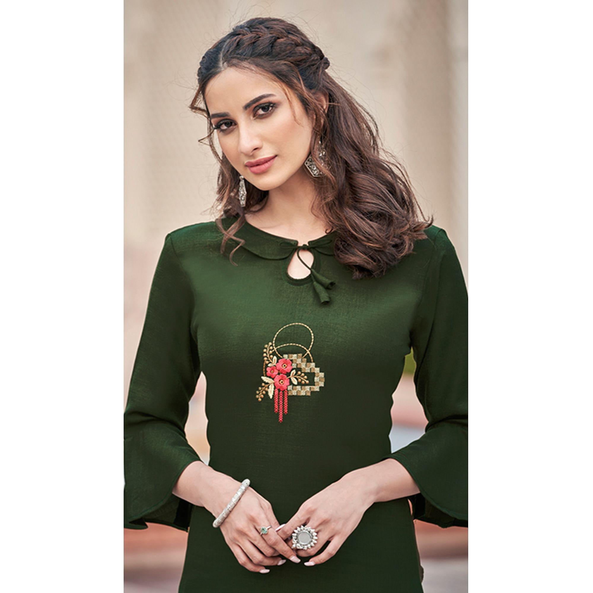 Green Casual Wear Embroidered Cotton Palazzo Suit - Peachmode
