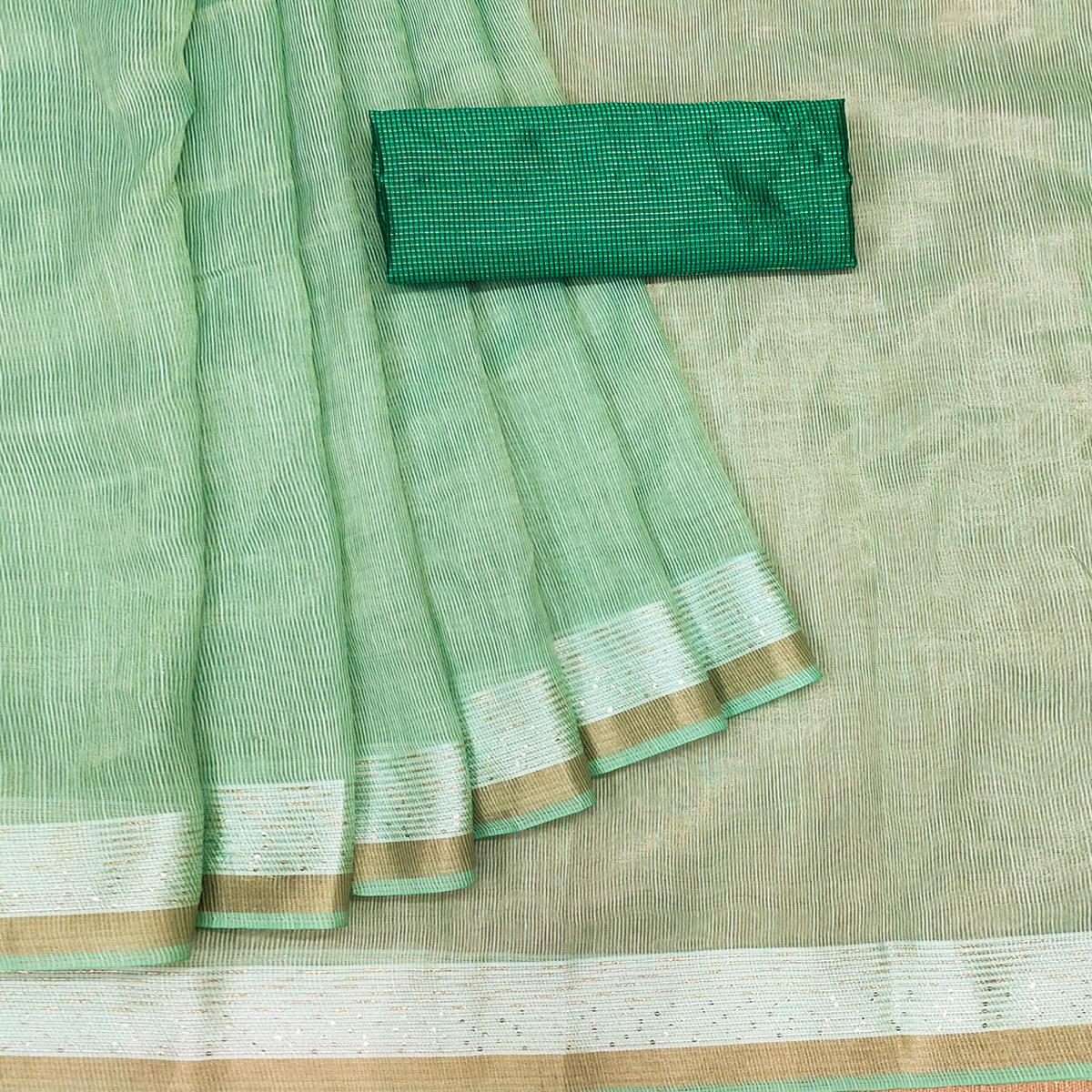 Green Casual Wear Embroidered Cotton Saree With Tassels - Peachmode
