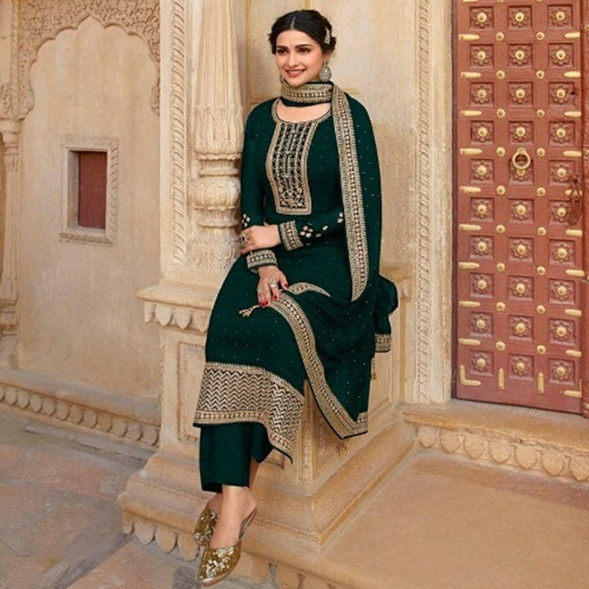 Green Casual Wear Embroidered Faux Georgette Salwar Suit - Peachmode