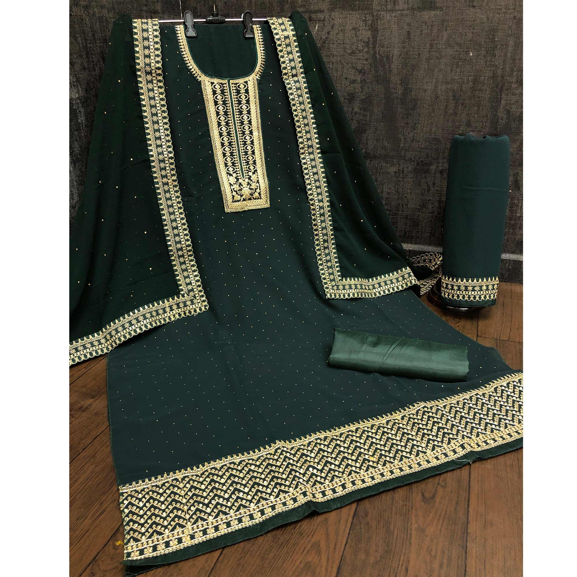 Green Casual Wear Embroidered Faux Georgette Salwar Suit - Peachmode