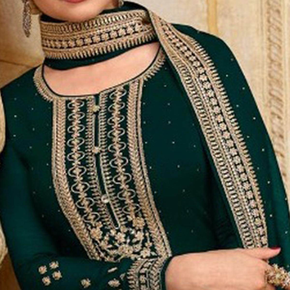 Green Casual Wear Embroidered Faux Georgette Salwar Suit - Peachmode