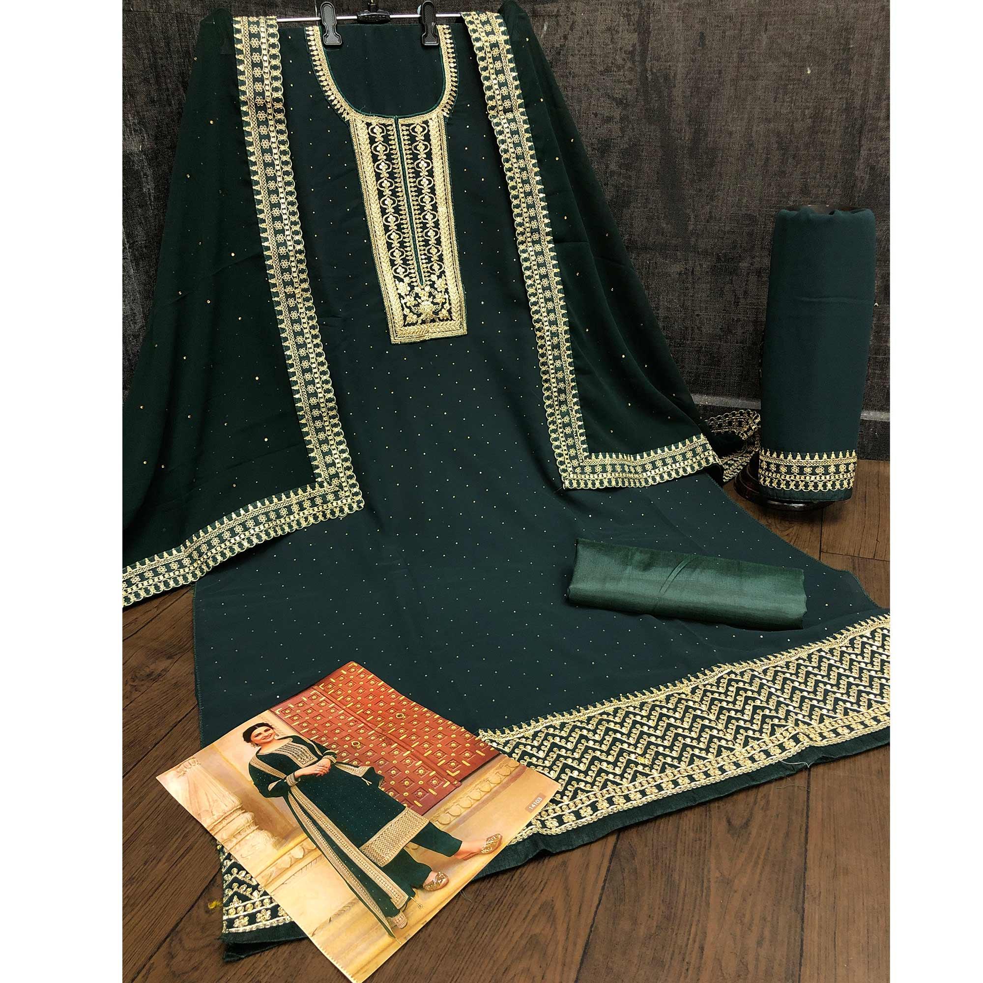 Green Casual Wear Embroidered Faux Georgette Salwar Suit - Peachmode