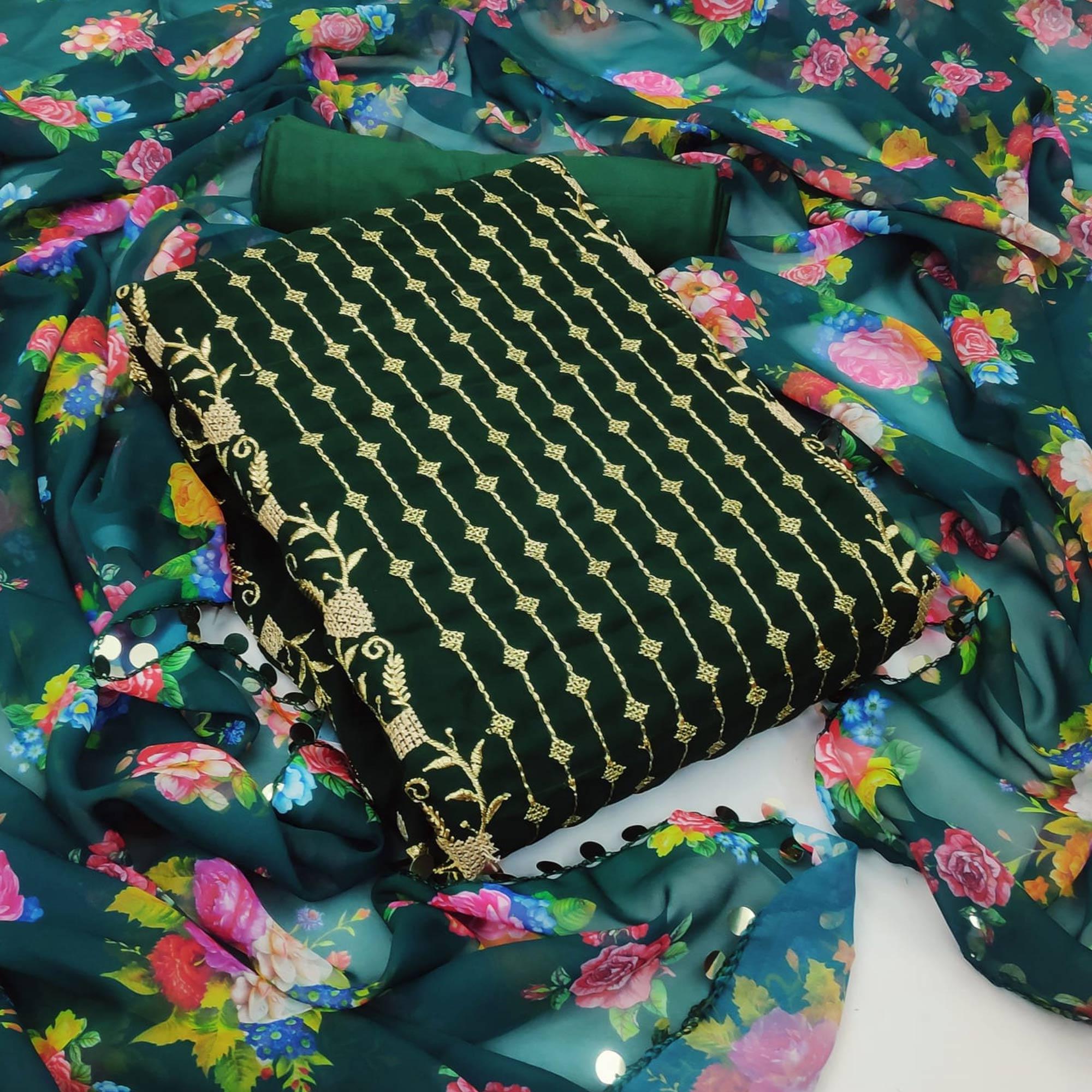 Green Casual Wear Embroidered Georgette Dress Material - Peachmode