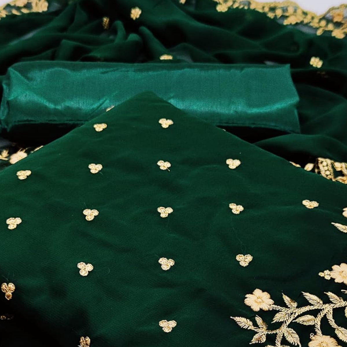 Green Casual Wear Embroidered Georgette Dress Material - Peachmode