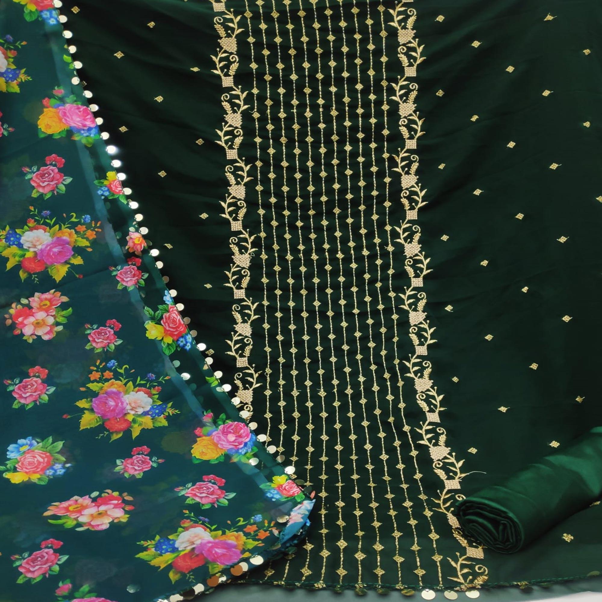 Green Casual Wear Embroidered Georgette Dress Material - Peachmode