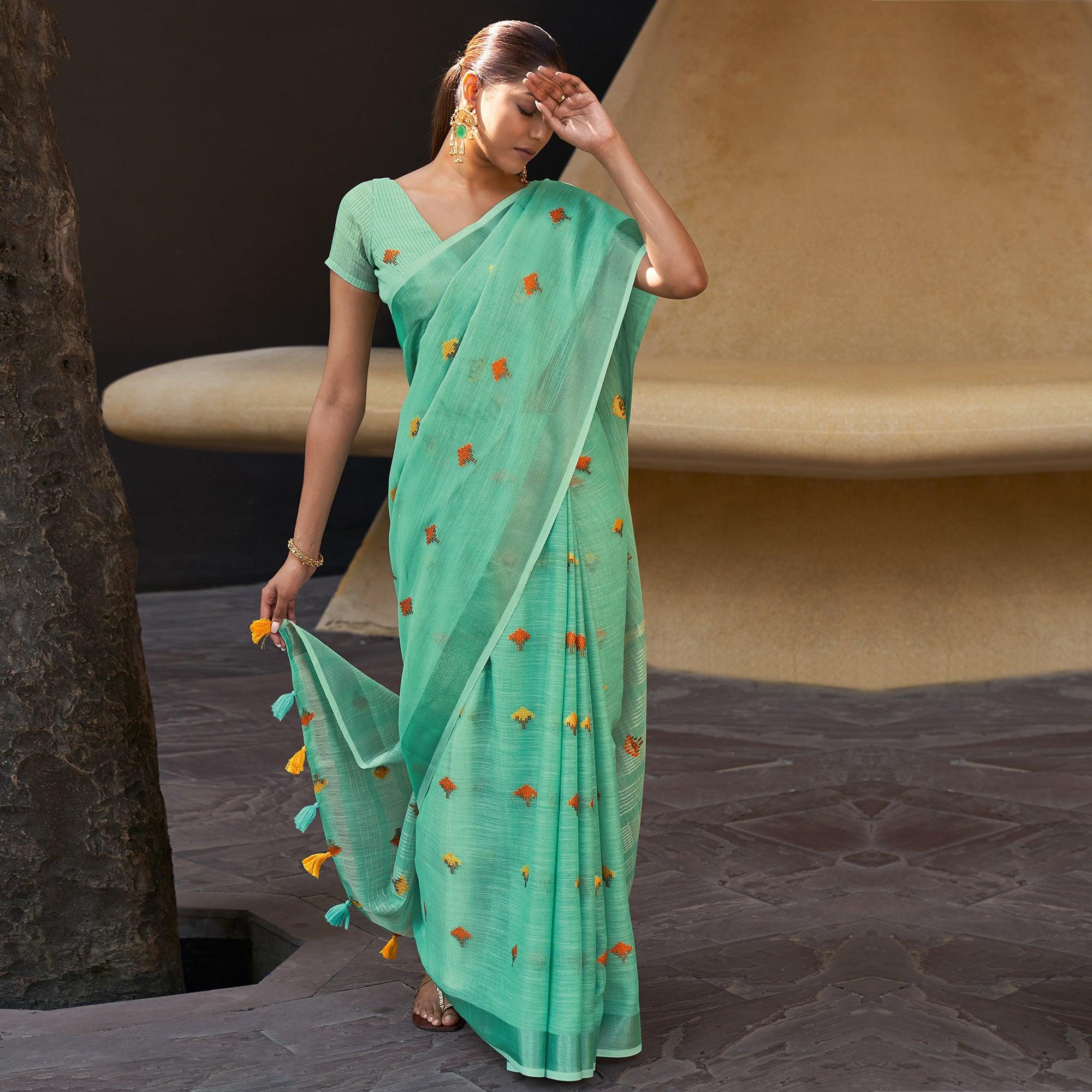 Green Casual Wear Embroidered Linen Saree - Peachmode