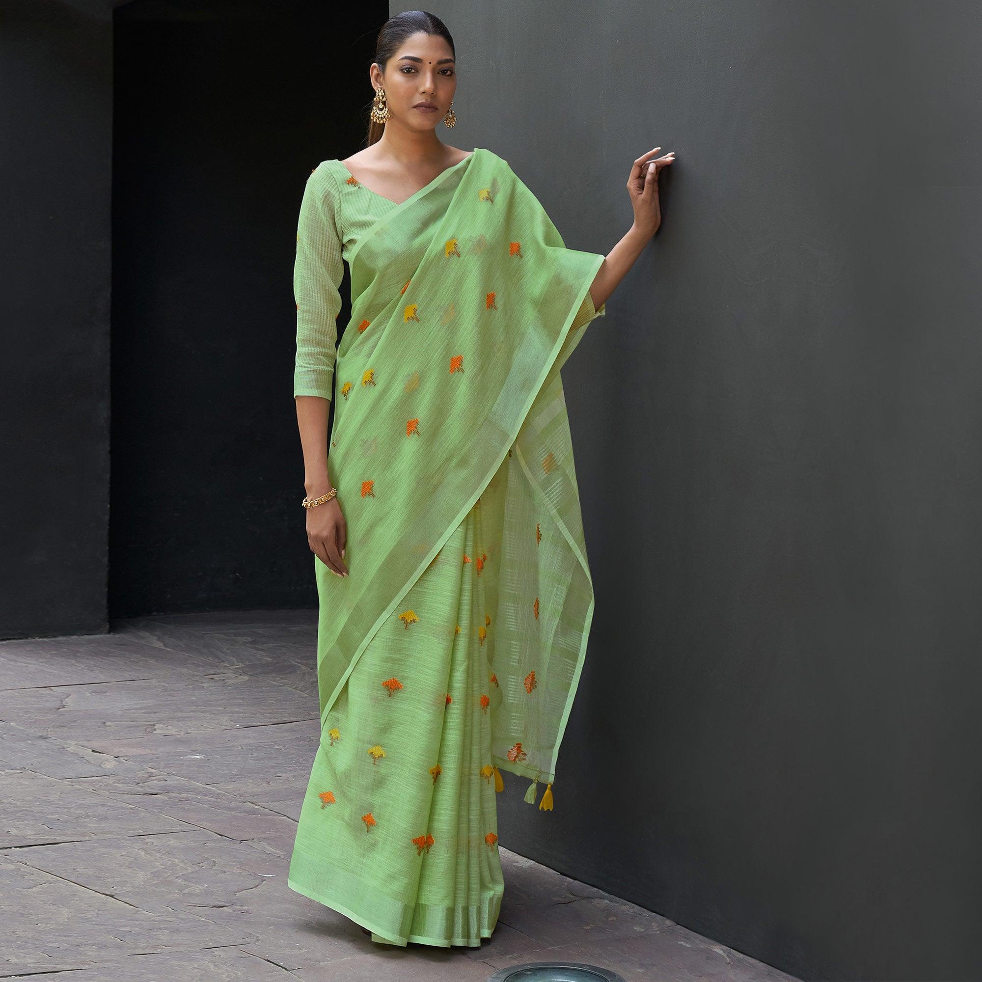 Green Casual Wear Embroidered Linen Saree - Peachmode