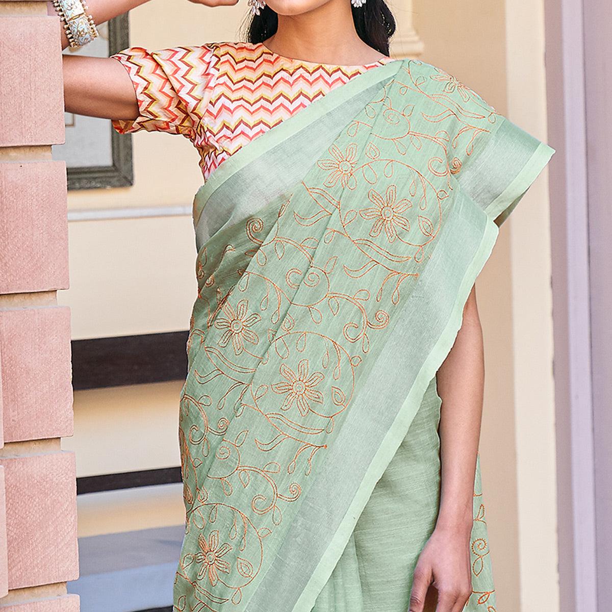 Green Casual Wear Embroidered Linen Saree - Peachmode