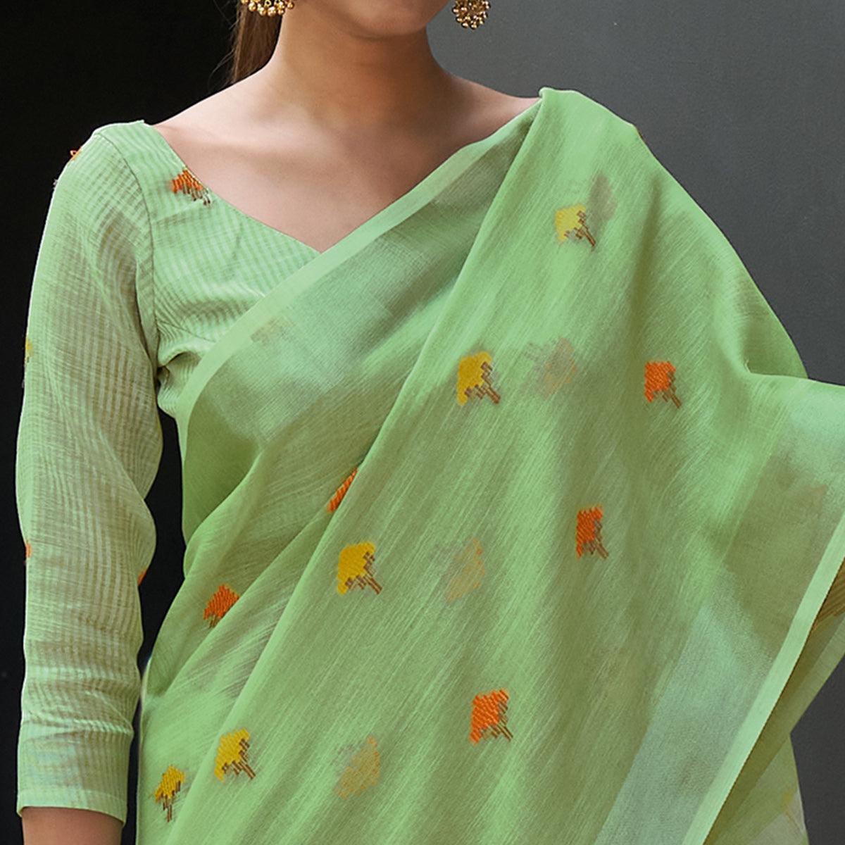 Green Casual Wear Embroidered Linen Saree - Peachmode