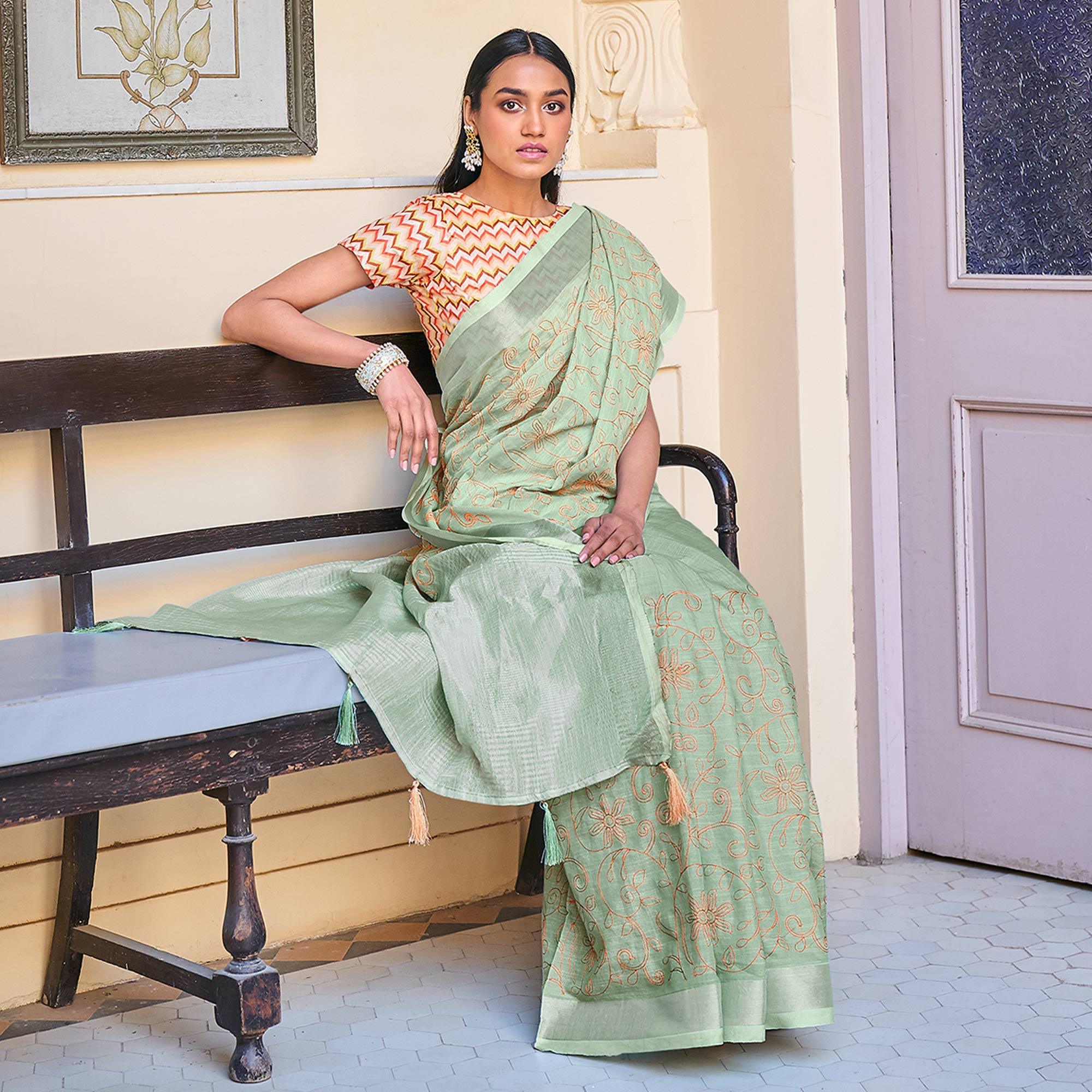 Green Casual Wear Embroidered Linen Saree - Peachmode