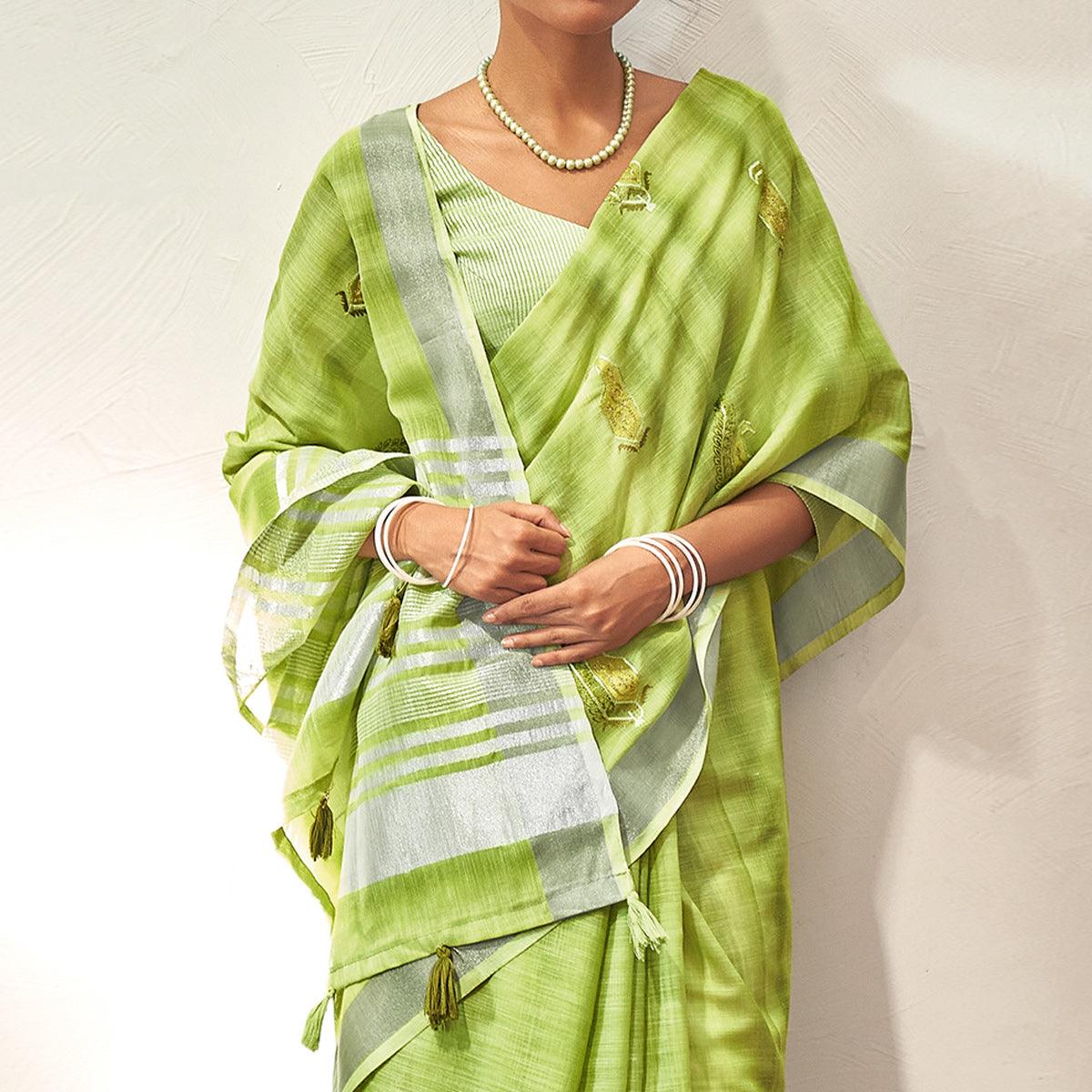 Green Casual Wear Embroidered Linen Saree With Tassels - Peachmode