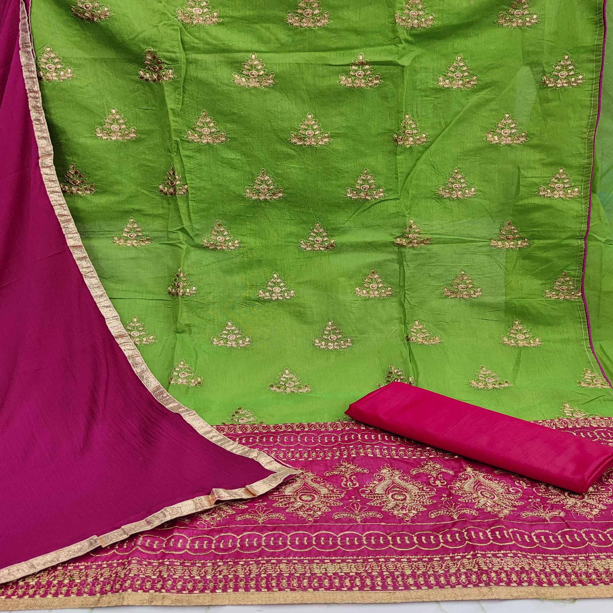 Green Casual Wear Embroidered Modal-Chanderi-Cotton Dress Material - Peachmode