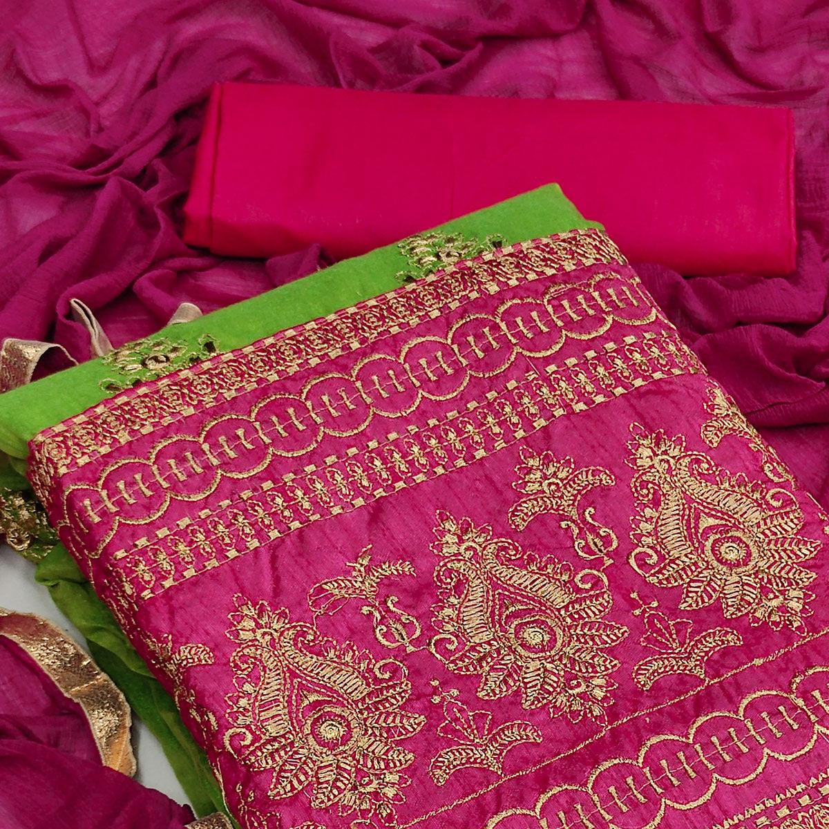 Green Casual Wear Embroidered Modal-Chanderi-Cotton Dress Material - Peachmode