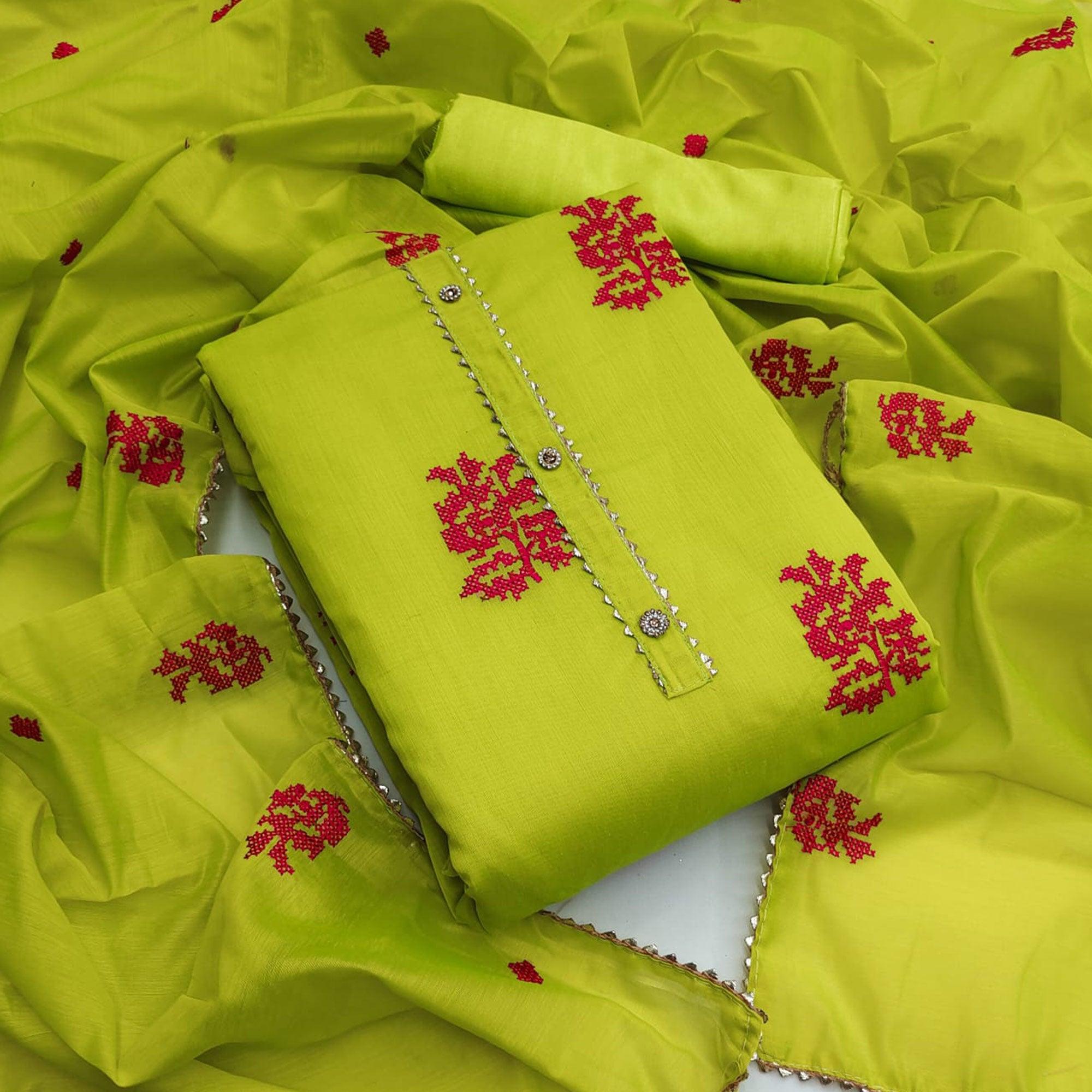 Green Casual Wear Embroidered Modal Silk Dress Material - Peachmode