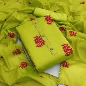 Green Casual Wear Embroidered Modal Silk Dress Material - Peachmode