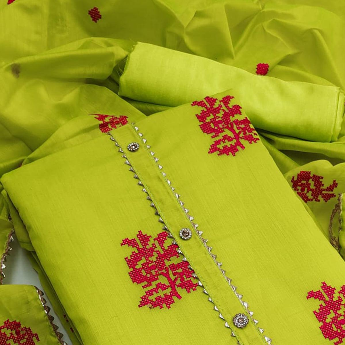 Green Casual Wear Embroidered Modal Silk Dress Material - Peachmode