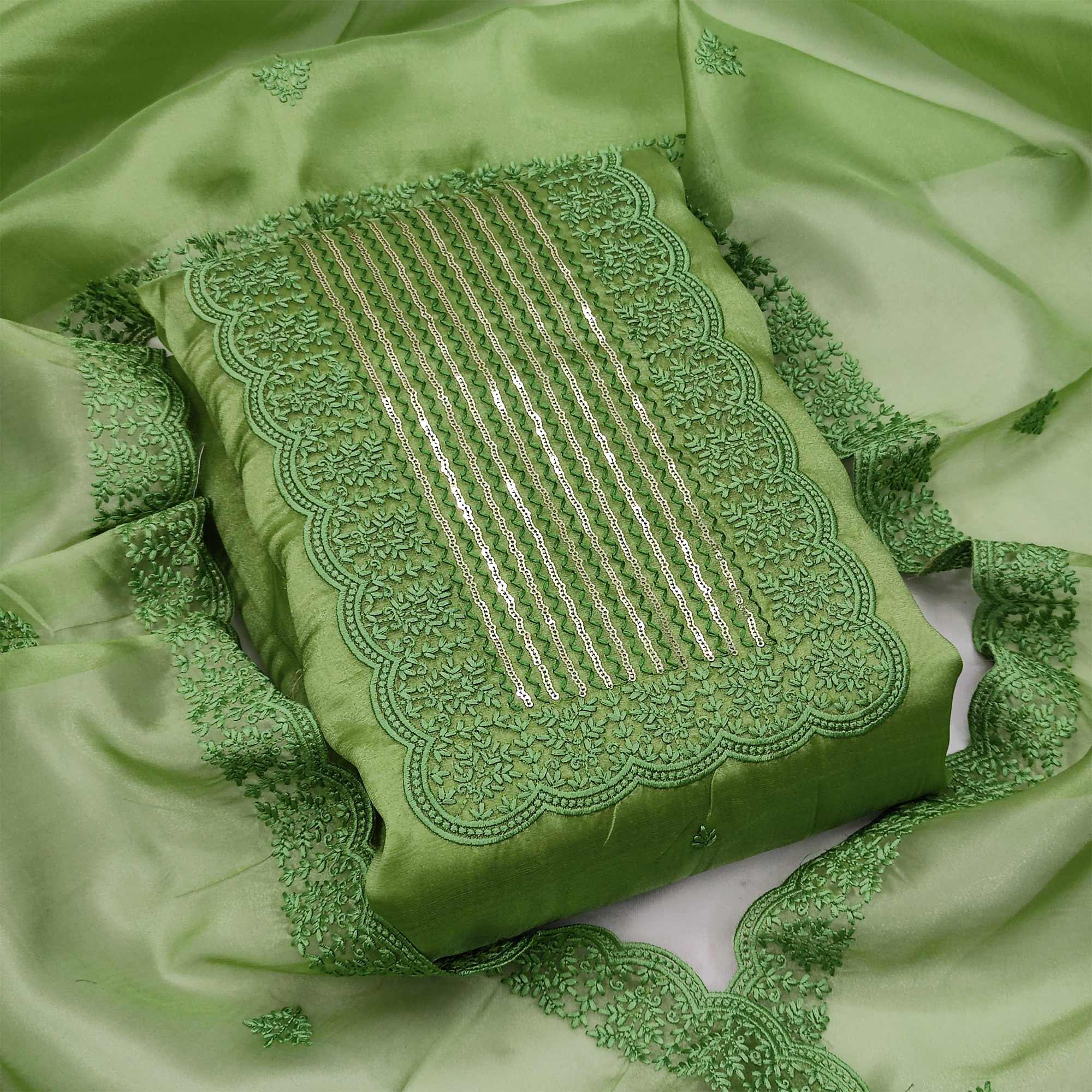 Green Casual Wear Embroidered Organza Dress Material - Peachmode