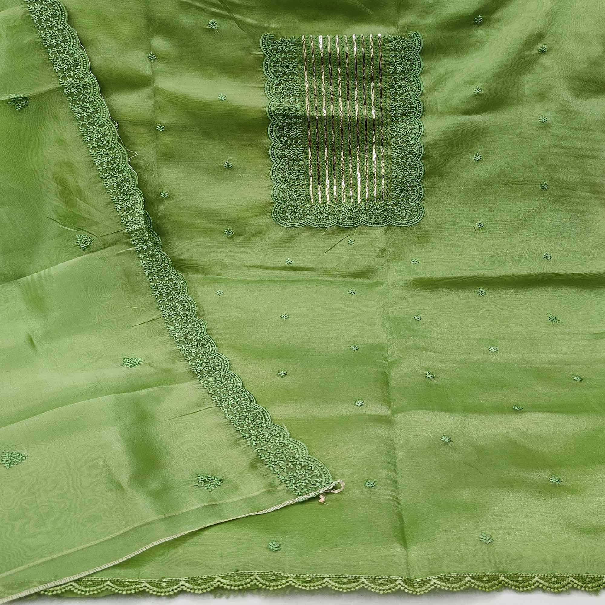 Green Casual Wear Embroidered Organza Dress Material - Peachmode