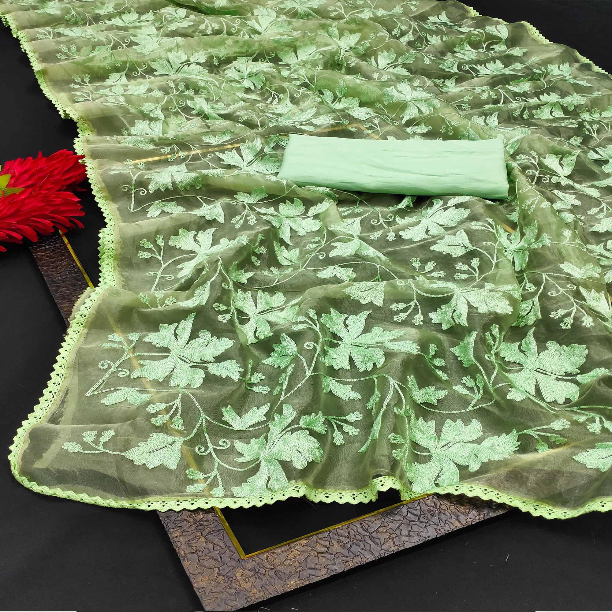 Green Casual Wear Embroidered Organza Saree - Peachmode