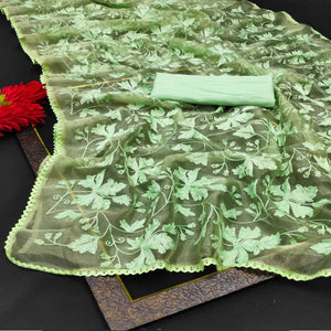 Green Casual Wear Embroidered Organza Saree - Peachmode