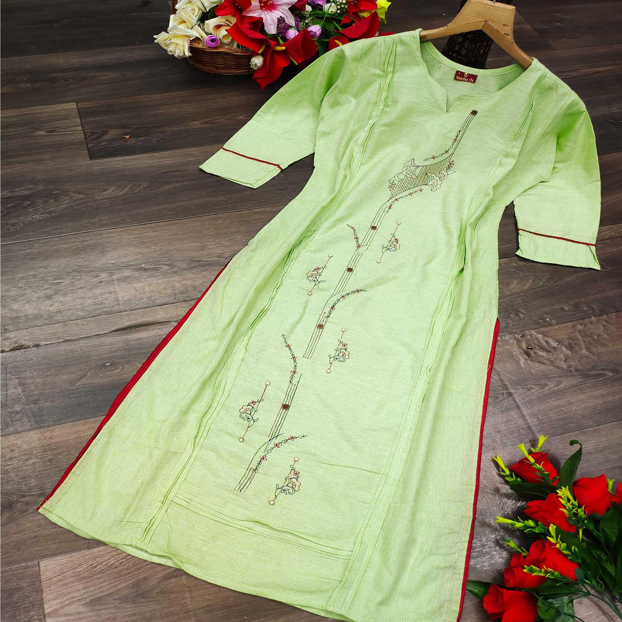 Green Casual Wear Embroidered Pure Cotton Kurti - Peachmode