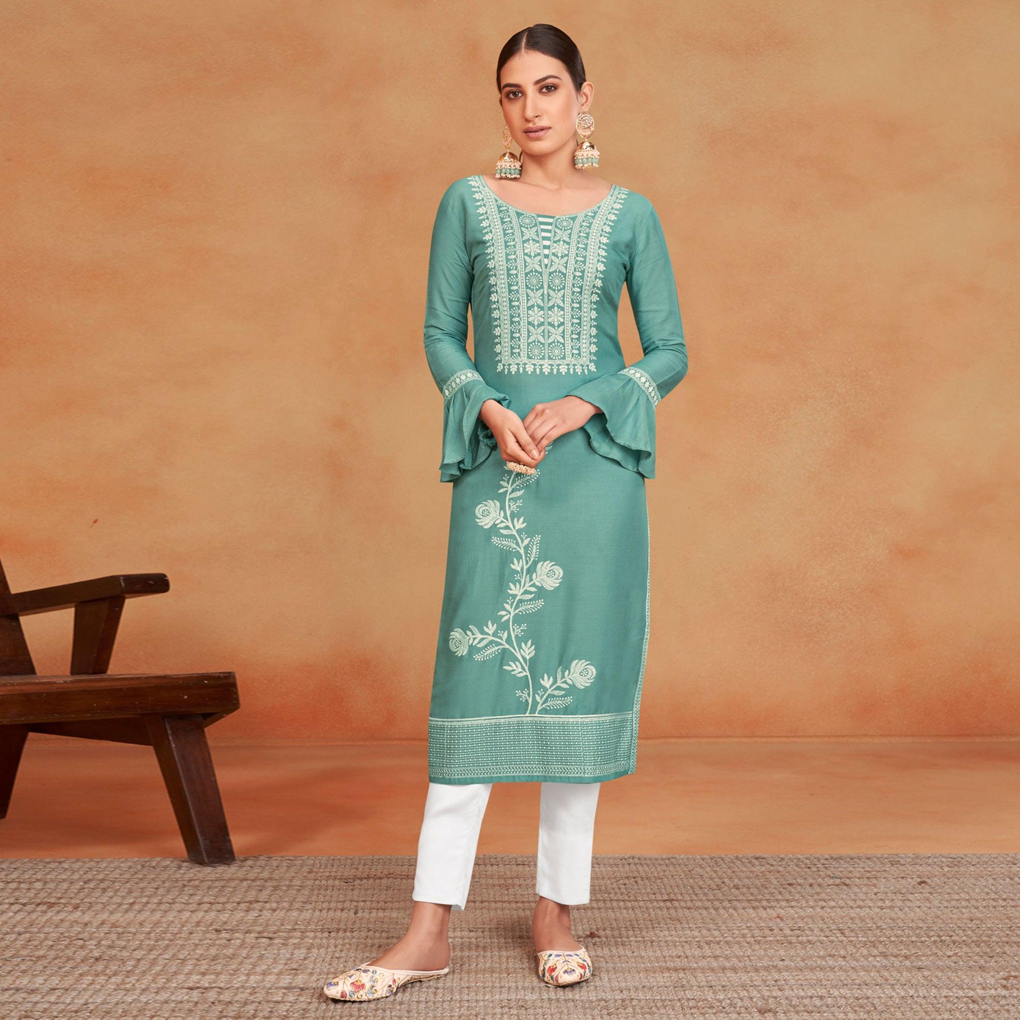 Green Casual Wear Embroidered Pure Rayon Viscose Kurti - Peachmode