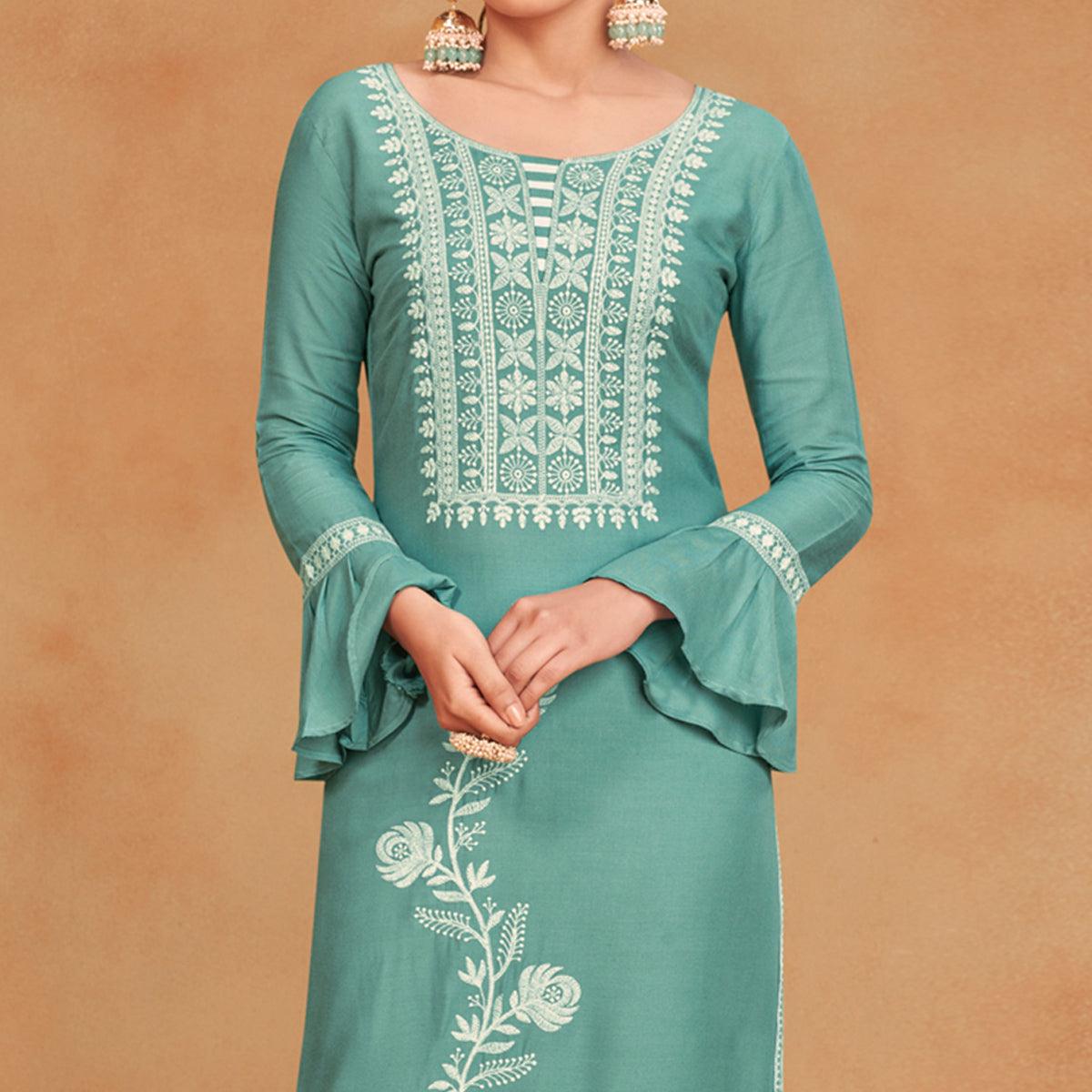 Green Casual Wear Embroidered Pure Rayon Viscose Kurti - Peachmode